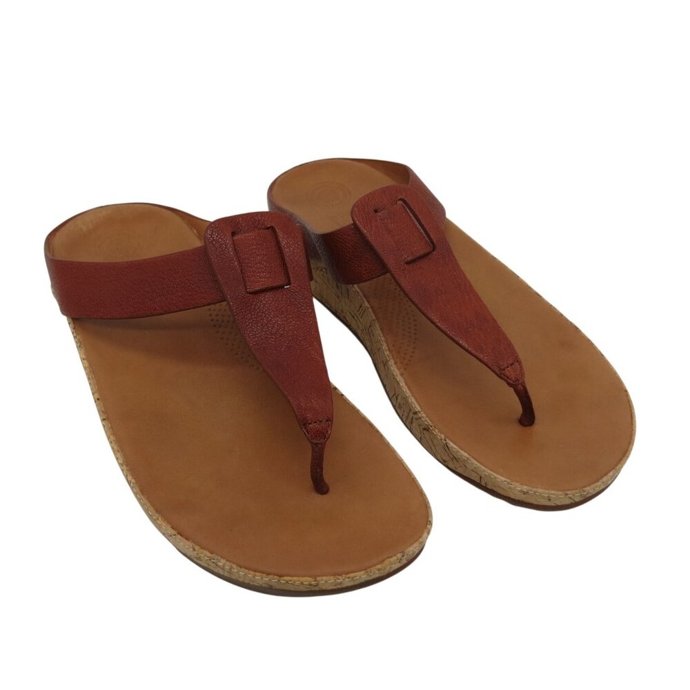 FITFLOP Women's Brown Leather Ibiza Cork Wedge Sandals Size 8 Studded Thong - Picture 3 of 11